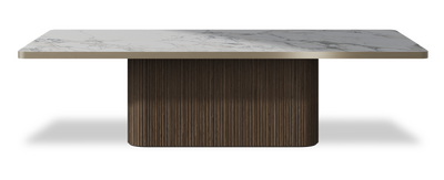 Created by us configuration image showing Arabescato top, American Walnut base and Brushed Bronze metal edge