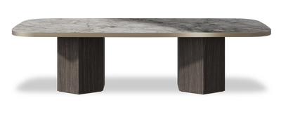Created by us configuration image showing Laguna Blanca top, Mogano base and Brushed Bronze metal edge