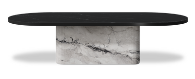Created by us configuration image showing Dark Marquina top, Michelangelo Bianco base and Satin Black metal edge