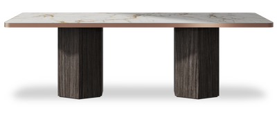 Created by us configuration image showing Calacatta Macchia Vecchia top, Mogano base and Brushed Bronze metal edge