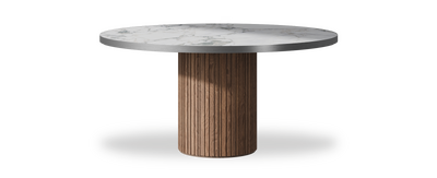 Created by us configuration image showing Arabescato top, American Walnut base and Brushed Steel metal edge