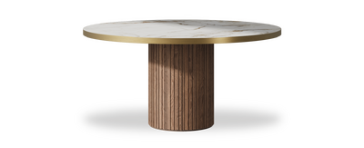Created by us configuration image showing Calacatta Macchia Vecchia top, American Walnut base and Brushed Gold metal edge