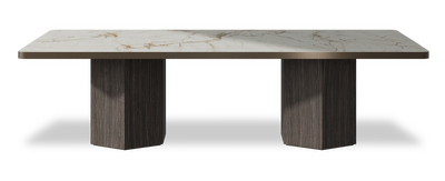 Created by us configuration image showing Calacatta Macchia Vecchia top, Mogano base and Decorative Bronze metal edge