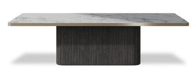 Created by us configuration image showing Arabescato top, Cobolo base and Brushed Bronze metal edge