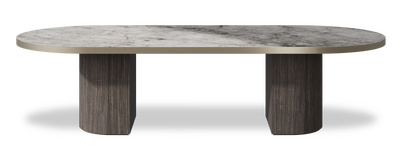 Created by us configuration image showing Laguna Blanca top, Mogano base and Brushed Bronze metal edge