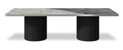 Created by us configuration image showing Laguna Blanca top, Jet Black base and Brushed Steel metal edge