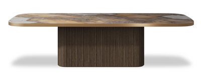 Created by us configuration image showing Golden Ambra top, American Walnut base and Brushed Copper metal edge