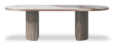 Created by us configuration image showing Calacatta Luxury top, Moro base and Brushed Copper metal edge