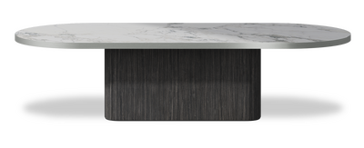 Created by us configuration image showing Arabescato top, Cobolo base and Brushed Steel metal edge