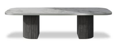 Created by us configuration image showing Arabescato top, Cobolo base and Brushed Steel metal edge