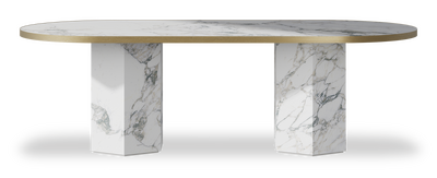 Created by us configuration image showing Arabescato top, Arabescato base and Brushed Gold metal edge