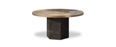 Created by us configuration image showing Golden Ambra top, Pietra Grey base and Brushed Copper metal edge
