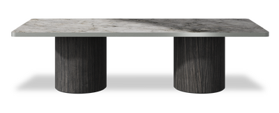 Created by us configuration image showing Laguna Blanca top, Cobolo base and Brushed Steel metal edge