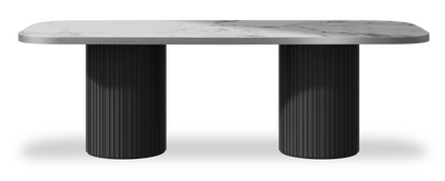Created by us configuration image showing Arabescato top, Jet Black base and Brushed Steel metal edge