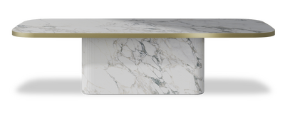 Created by us configuration image showing Arabescato top, Arabescato base and Brushed Gold metal edge