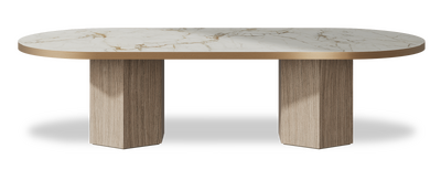 Created by us configuration image showing Calacatta Macchia Vecchia top, Mulberry base and Brushed Copper metal edge