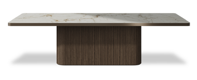 Created by us configuration image showing Calacatta Macchia Vecchia top, American Walnut base and Decorative Bronze metal edge