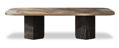 Created by us configuration image showing Golden Ambra top, Pietra Grey base and Brushed Copper metal edge