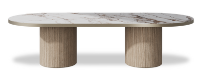 Created by us configuration image showing Calacatta Luxury top, Mulberry base and Brushed Bronze metal edge