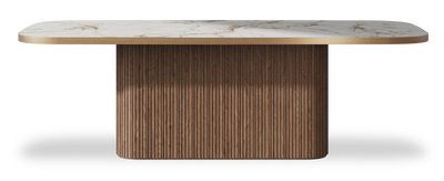 Created by us configuration image showing Calacatta Macchia Vecchia top, American Walnut base and Brushed Bronze metal edge