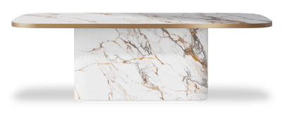 Created by us configuration image showing Calacatta Luxury top, Calacatta Luxury base and Brushed Bronze metal edge
