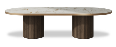 Created by us configuration image showing Calacatta Macchia Vecchia top, American Walnut base and Brushed Copper metal edge