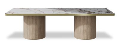 Created by us configuration image showing Calacatta Luxury top, Mulberry base and Brushed Gold metal edge