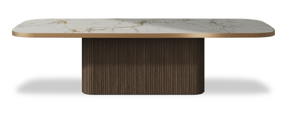 Created by us configuration image showing Calacatta Macchia Vecchia top, American Walnut base and Brushed Copper metal edge