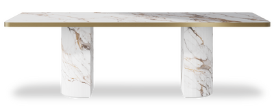 Created by us configuration image showing Calacatta Luxury top, Calacatta Luxury base and Brushed Gold metal edge
