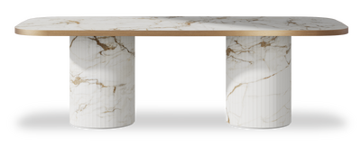 Created by us configuration image showing Calacatta Macchia Vecchia top, Calacatta Macchia Vecchia base and Brushed Bronze metal edge