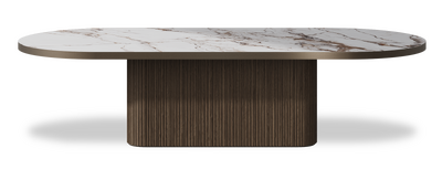 Created by us configuration image showing Calacatta Luxury top, American Walnut base and Decorative Bronze metal edge