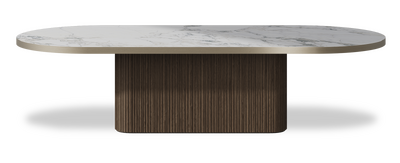 Created by us configuration image showing Arabescato top, American Walnut base and Brushed Bronze metal edge