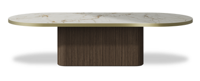 Created by us configuration image showing Calacatta Macchia Vecchia top, American Walnut base and Brushed Gold metal edge