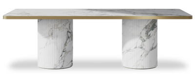 Created by us configuration image showing Arabescato top, Arabescato base and Brushed Gold metal edge