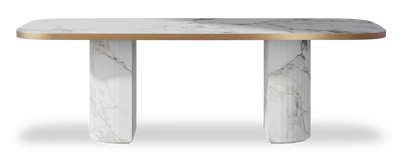 Created by us configuration image showing Arabescato top, Arabescato base and Brushed Bronze metal edge