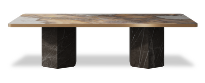 Created by us configuration image showing Golden Ambra top, Pietra Grey base and Brushed Copper metal edge