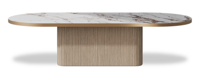 Created by us configuration image showing Calacatta Luxury top, Mulberry base and Brushed Copper metal edge