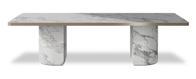 Created by us configuration image showing Arabescato top, Arabescato base and Brushed Bronze metal edge