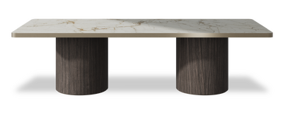 Created by us configuration image showing Calacatta Macchia Vecchia top, Mogano base and Brushed Bronze metal edge