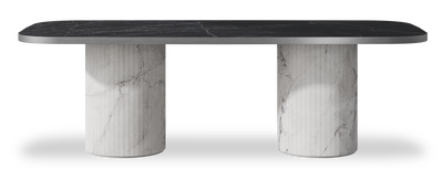 Created by us configuration image showing Dark Marquina top, Michelangelo Bianco base and Brushed Steel metal edge