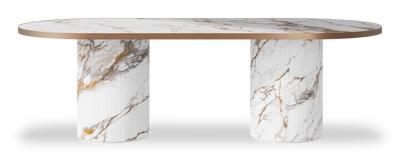 Created by us configuration image showing Calacatta Luxury top, Calacatta Luxury base and Brushed Bronze metal edge