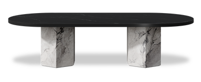 Created by us configuration image showing Dark Marquina top, Michelangelo Bianco base and Satin Black metal edge