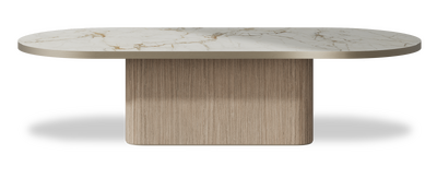Created by us configuration image showing Calacatta Macchia Vecchia top, Mulberry base and Brushed Bronze metal edge