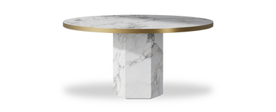 Created by us configuration image showing Arabescato top, Arabescato base and Brushed Gold metal edge