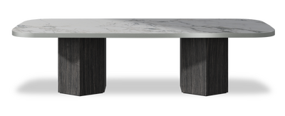 Created by us configuration image showing Arabescato top, Cobolo base and Brushed Steel metal edge