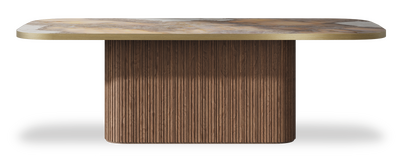 Created by us configuration image showing Golden Ambra top, American Walnut base and Brushed Gold metal edge
