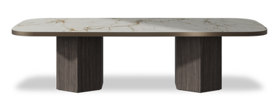 Created by us configuration image showing Calacatta Macchia Vecchia top, Mogano base and Decorative Bronze metal edge