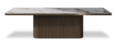 Created by us configuration image showing Calacatta Luxury top, American Walnut base and Decorative Bronze metal edge