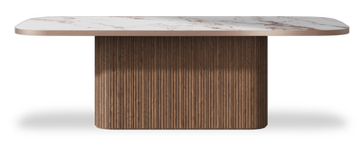 Created by us configuration image showing Calacatta Luxury top, American Walnut base and Brushed Copper metal edge