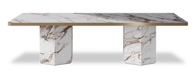 Created by us configuration image showing Calacatta Luxury top, Calacatta Luxury base and Brushed Copper metal edge